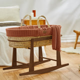 The Little Green Sheep Organic Knitted Moses Basket, Mattress & Walnut Rocking Stand Linen