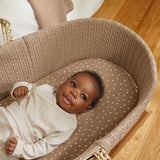 The Little Green Sheep Organic Knitted Moses Basket, Mattress & Walnut Rocking Stand Linen