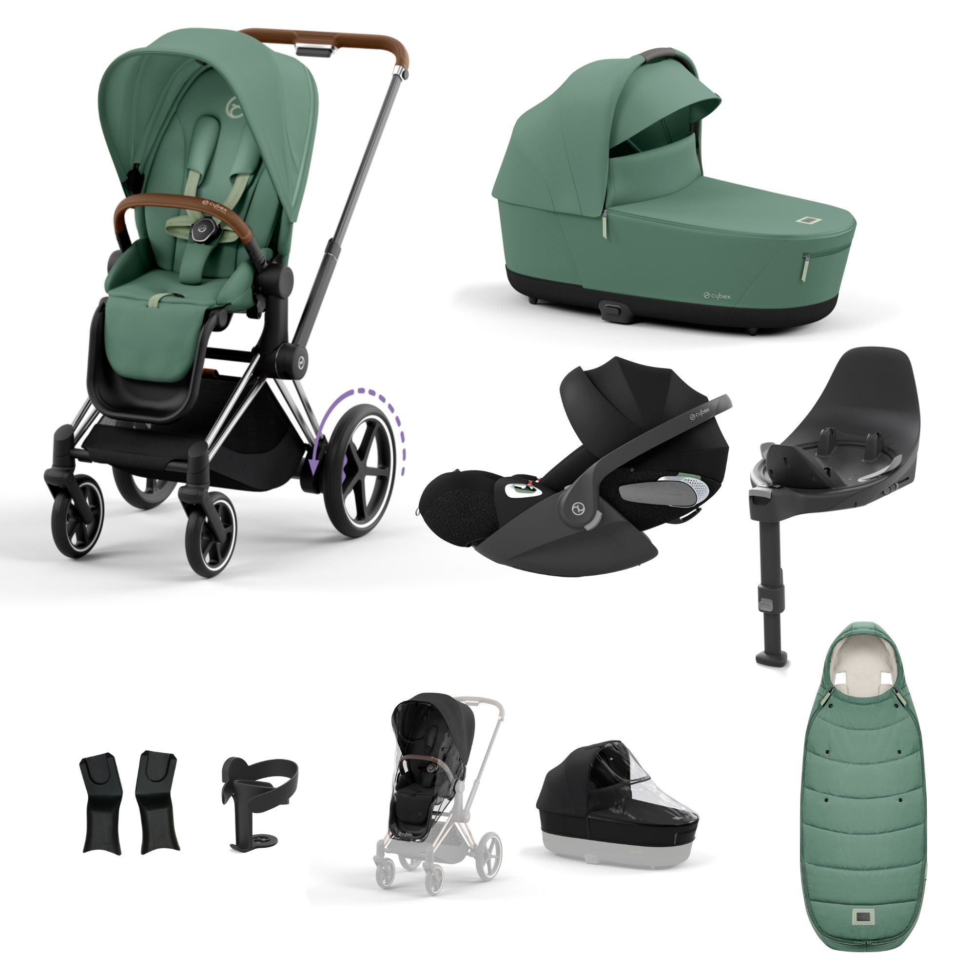 Cybex e-PRIAM 10 Piece Bundle  with Cloud T i-Size Travel System Bundle - Leaf Green