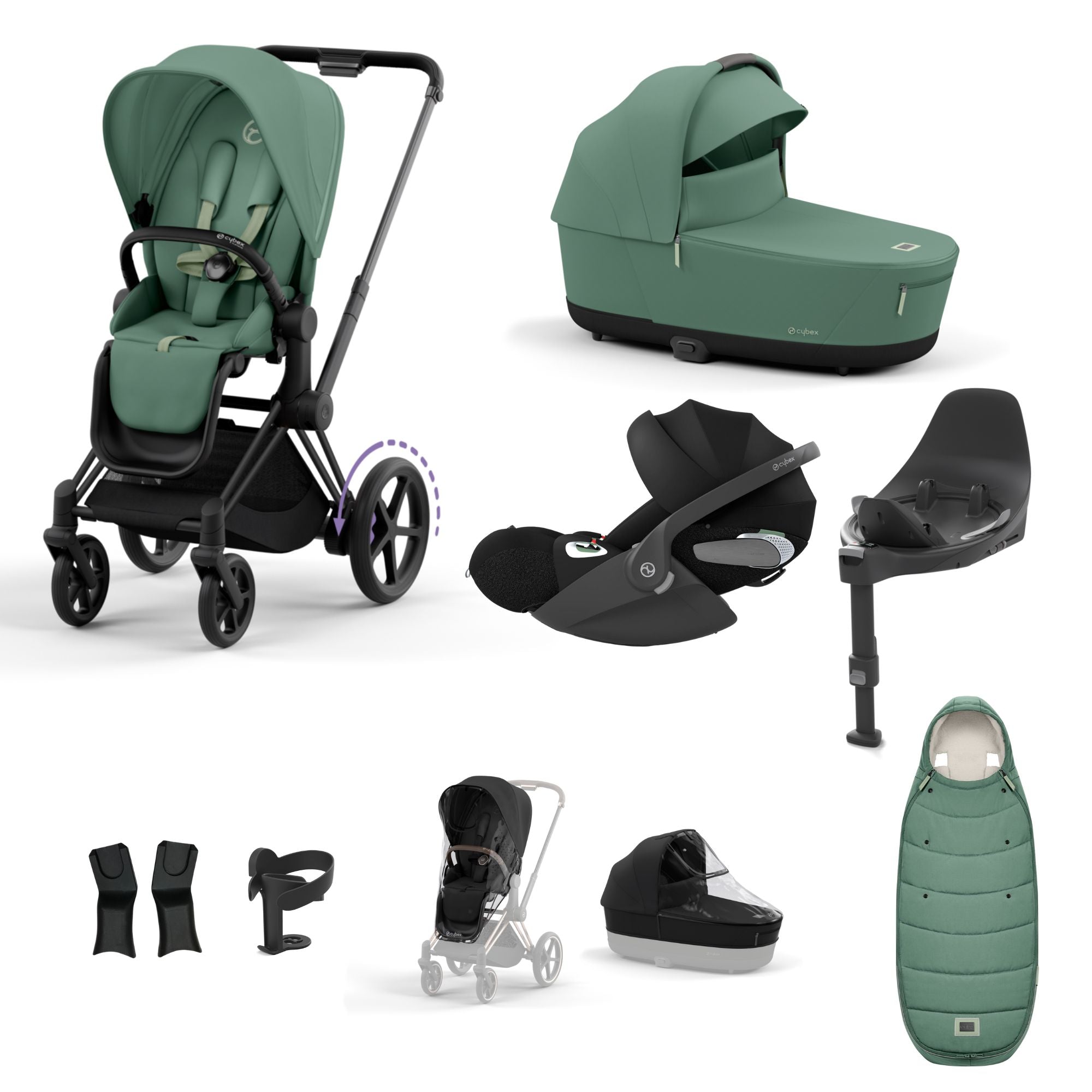 Cybex e-PRIAM 10 Piece Bundle  with Cloud T i-Size Travel System Bundle - Leaf Green