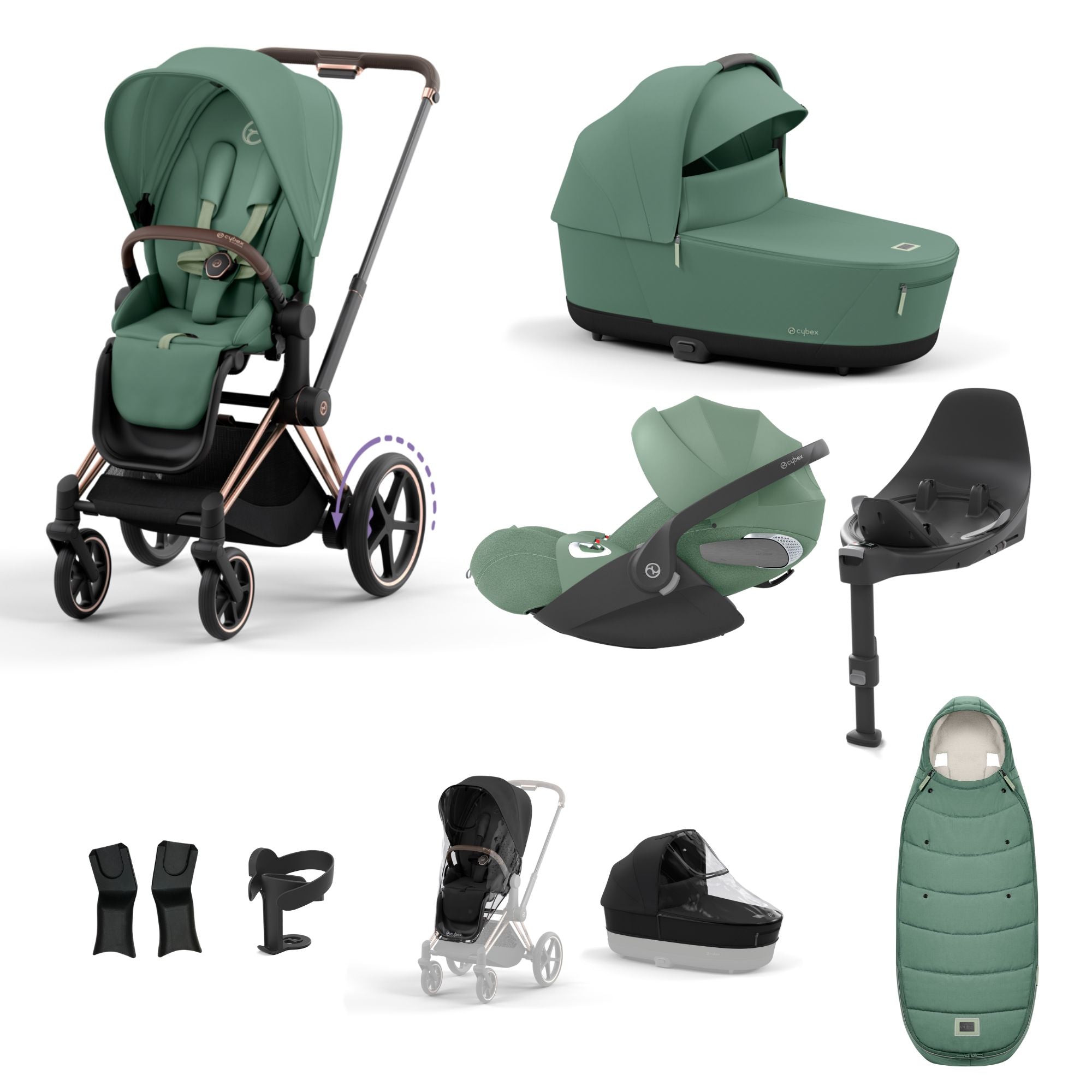 Cybex e-PRIAM 10 Piece Bundle  with Cloud T i-Size Travel System Bundle - Leaf Green