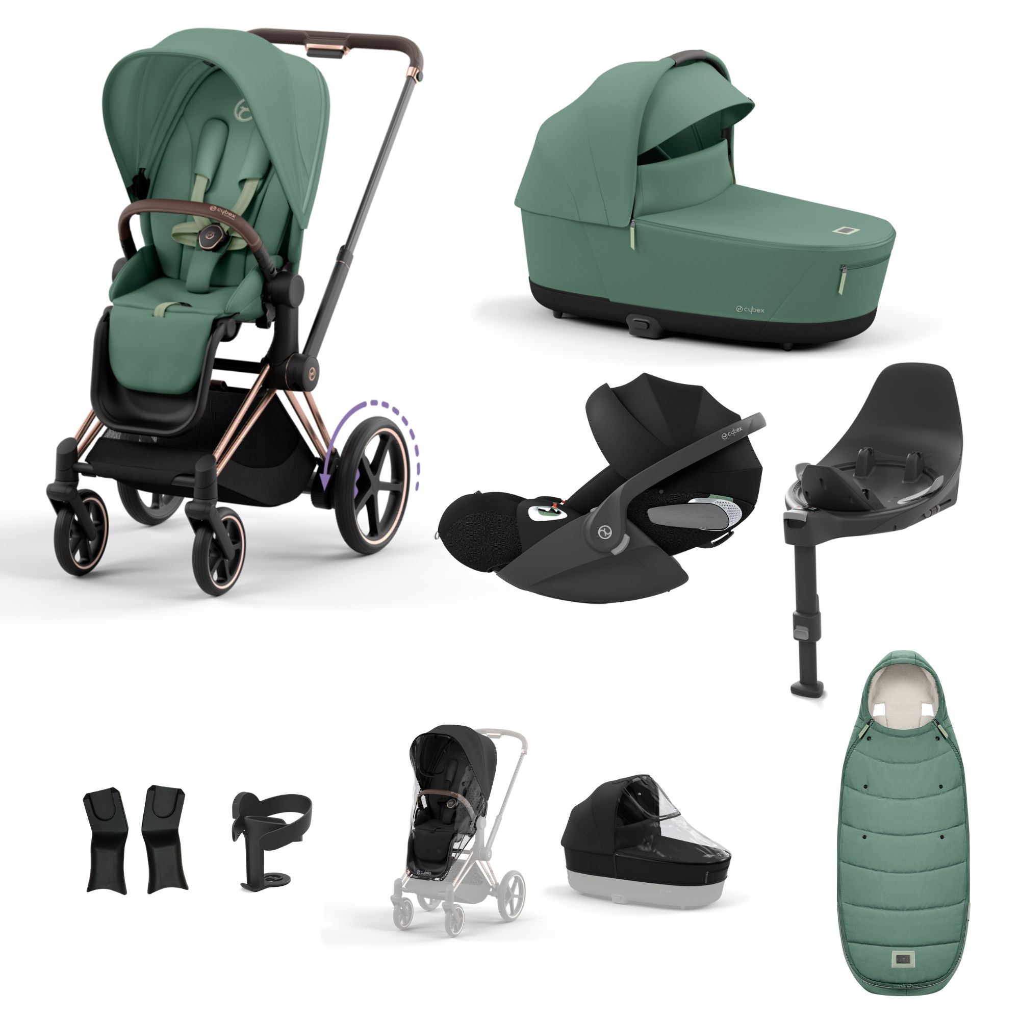 Cybex e-PRIAM 10 Piece Bundle  with Cloud T i-Size Travel System Bundle - Leaf Green
