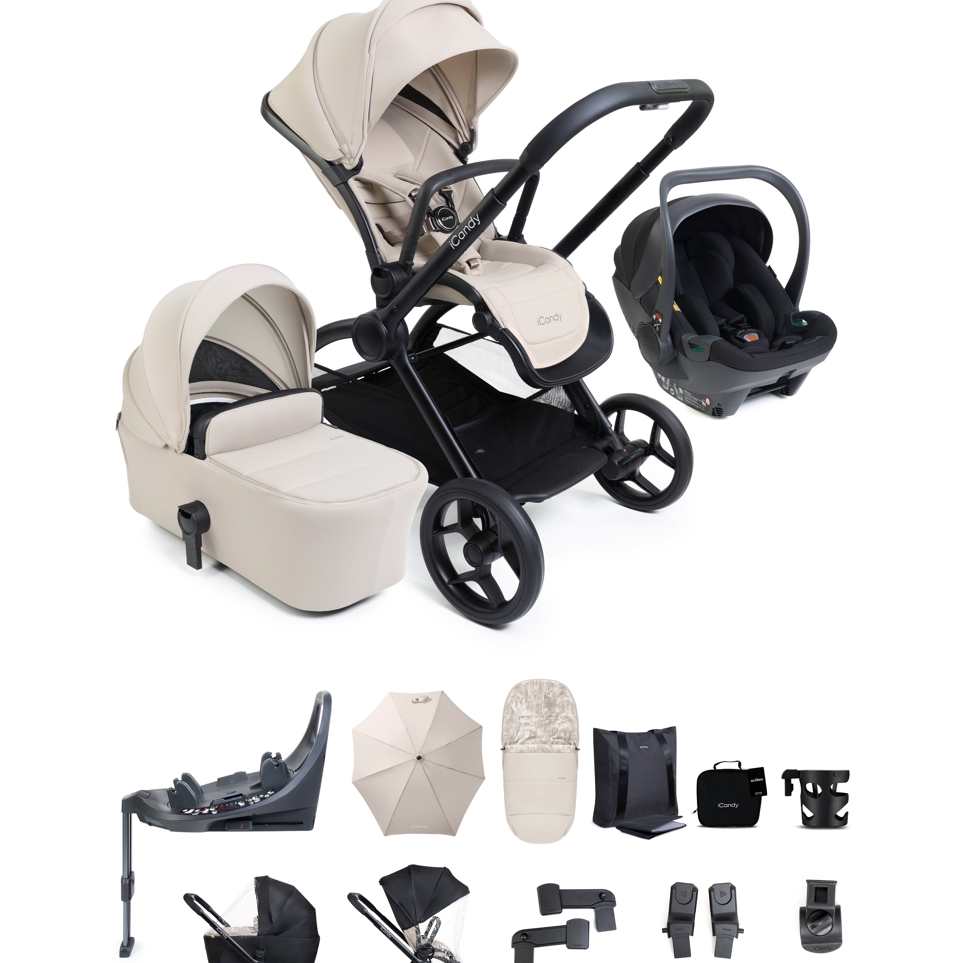 iCandy Core 2 Sandstone Pushchair and Carrycot - 360 Car Seat Bundle