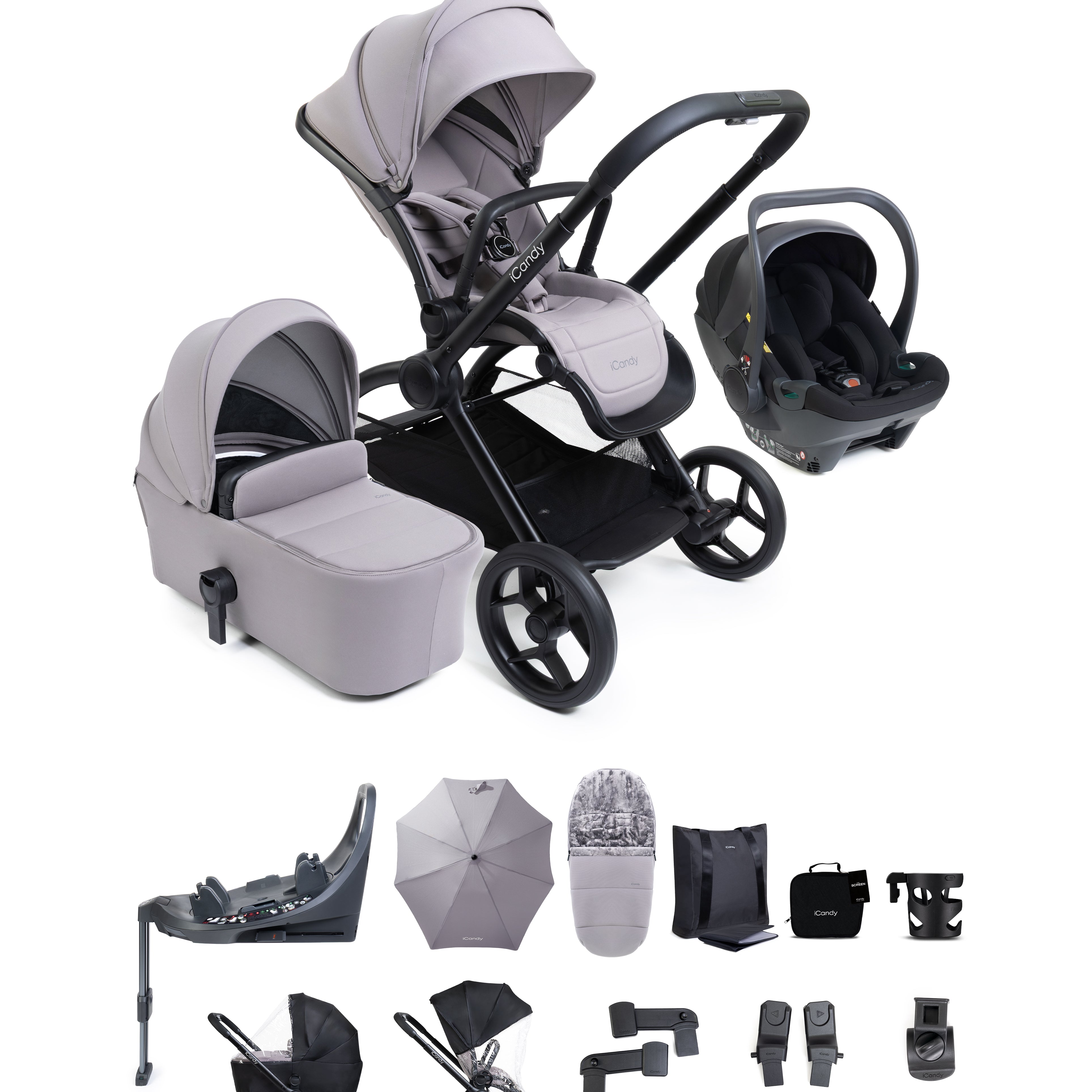 iCandy Core 2 Storm Grey Pushchair and Carrycot - 360 Car Seat Bundle