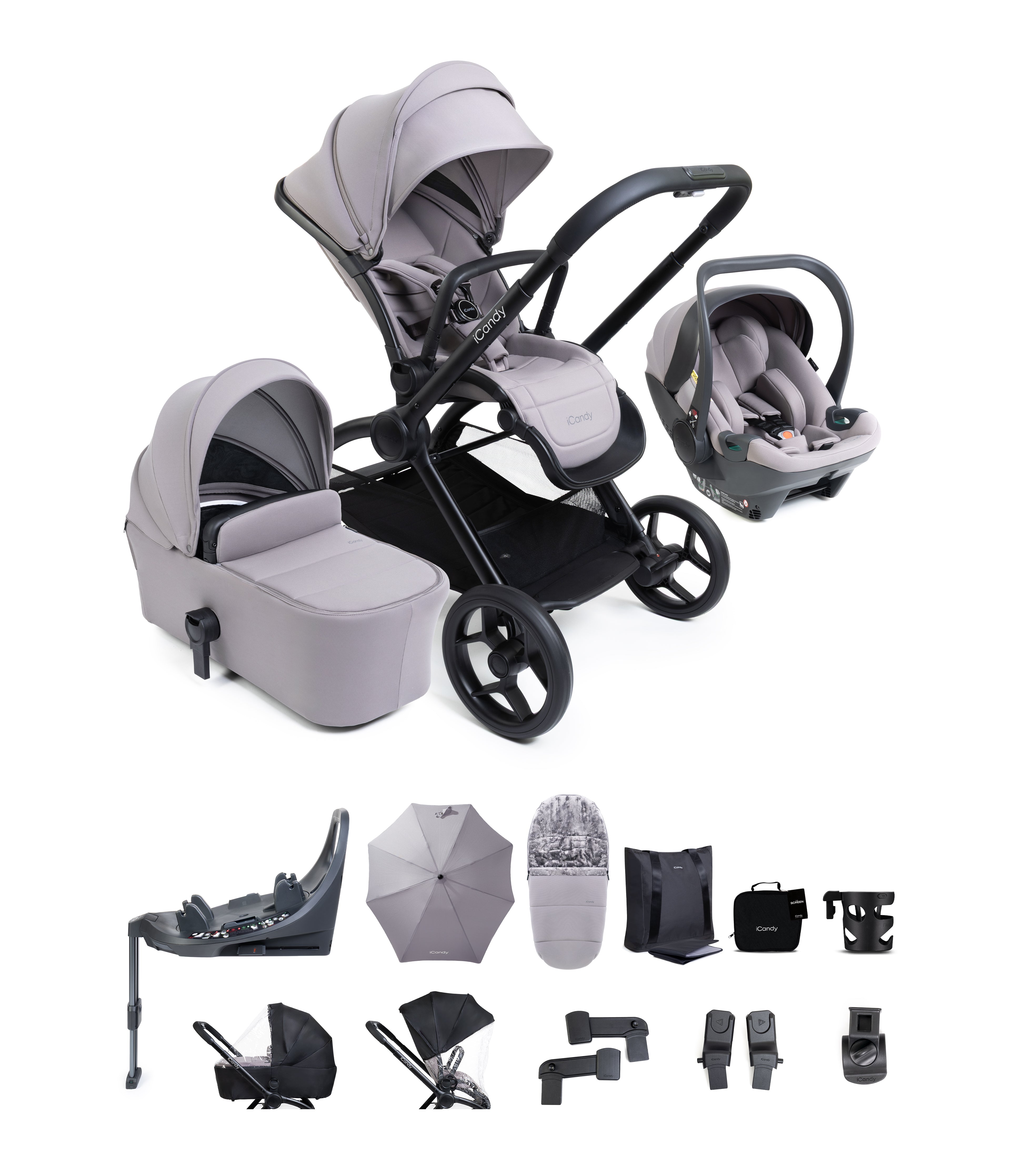 Kandy Core iCandy Core 2 Storm Grey Pushchair and Carrycot - 360 Car Seat Bundle ...