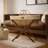 The Little Green Sheep Organic Knitted Moses Basket, Mattress & Walnut Fixed Stand Linen