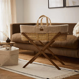 The Little Green Sheep Organic Knitted Moses Basket, Mattress & Walnut Fixed Stand Linen