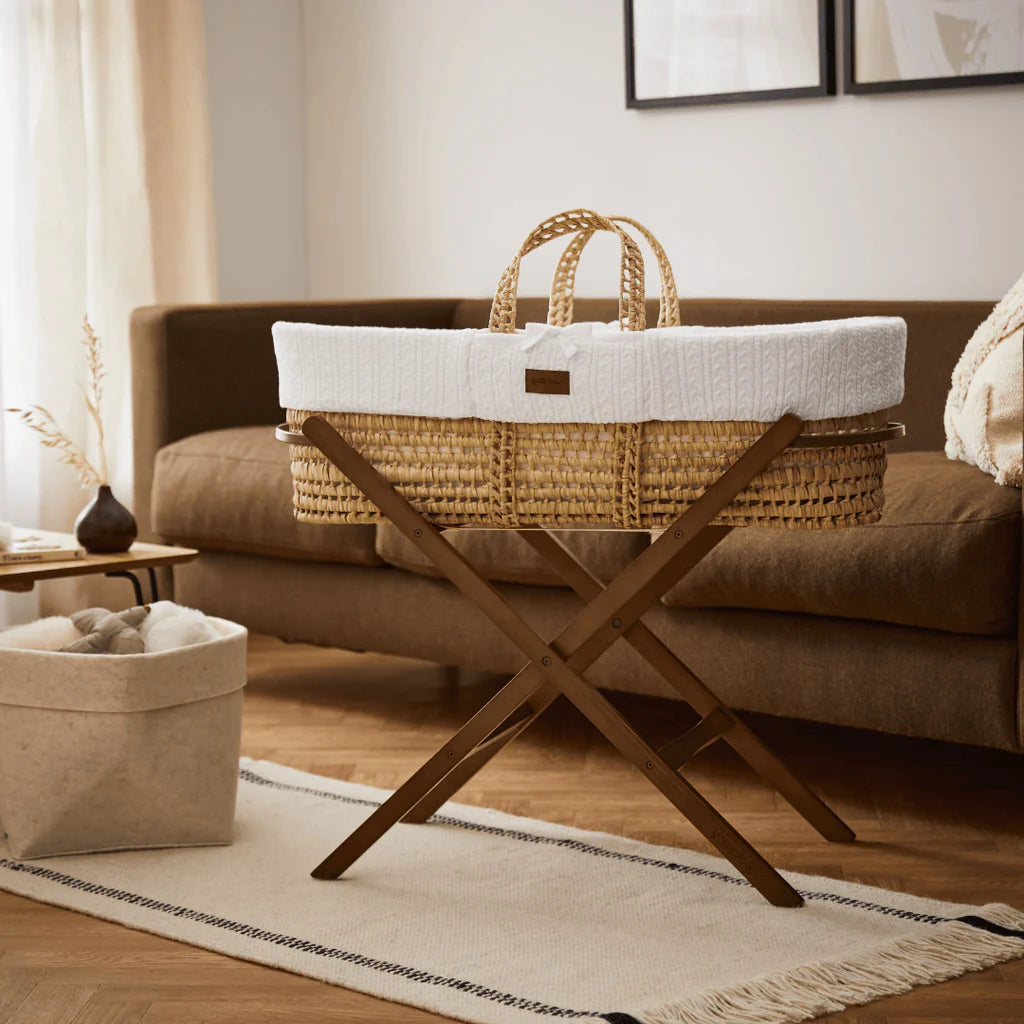The Little Green Sheep Organic Knitted Moses Basket, Mattress & Walnut Fixed Stand Linen