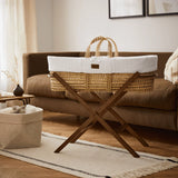 The Little Green Sheep Organic Knitted Moses Basket, Mattress & Walnut Fixed Stand Linen